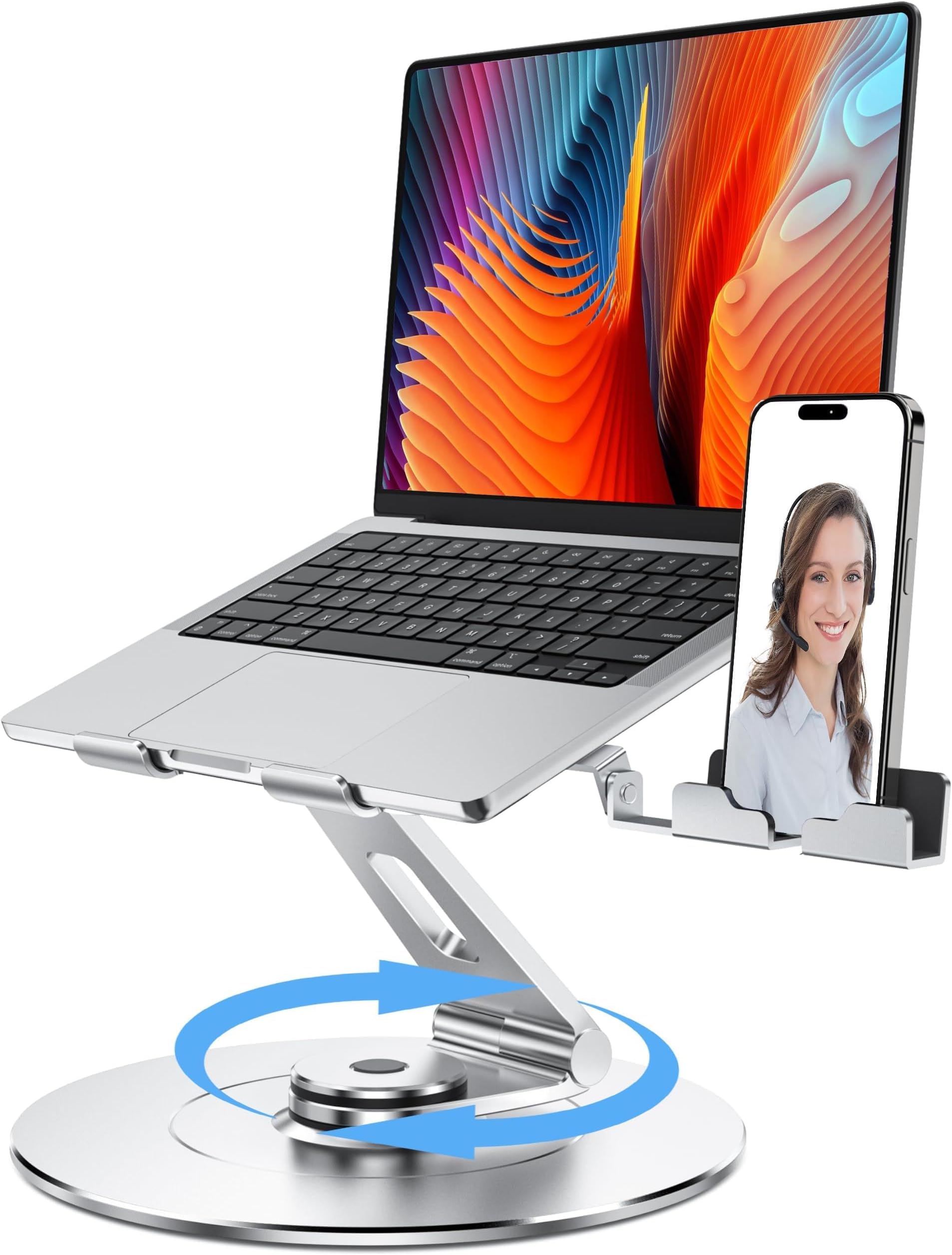 Ultra-Stable Aluminumy Swivel Laptop Stand for Desk with Rotating Foldable Phone Holder, 300% Large Base Stability, Anti-Loosening Structure, Suitable for 10"-17.3" Laptops