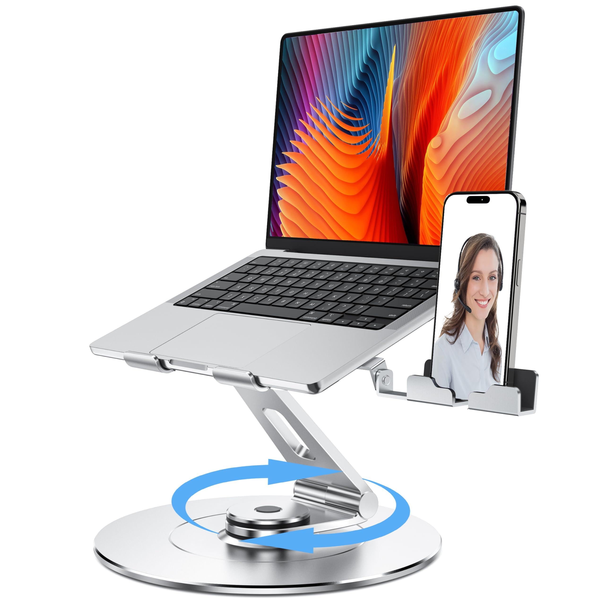 LOXP Ultra-Stable Aluminumy Swivel Laptop Stand for Desk with Rotating Foldable Phone Holder, 300% Large Base Stability, Anti-Loosening Structure, Suitable for 10"-17.3" Laptops