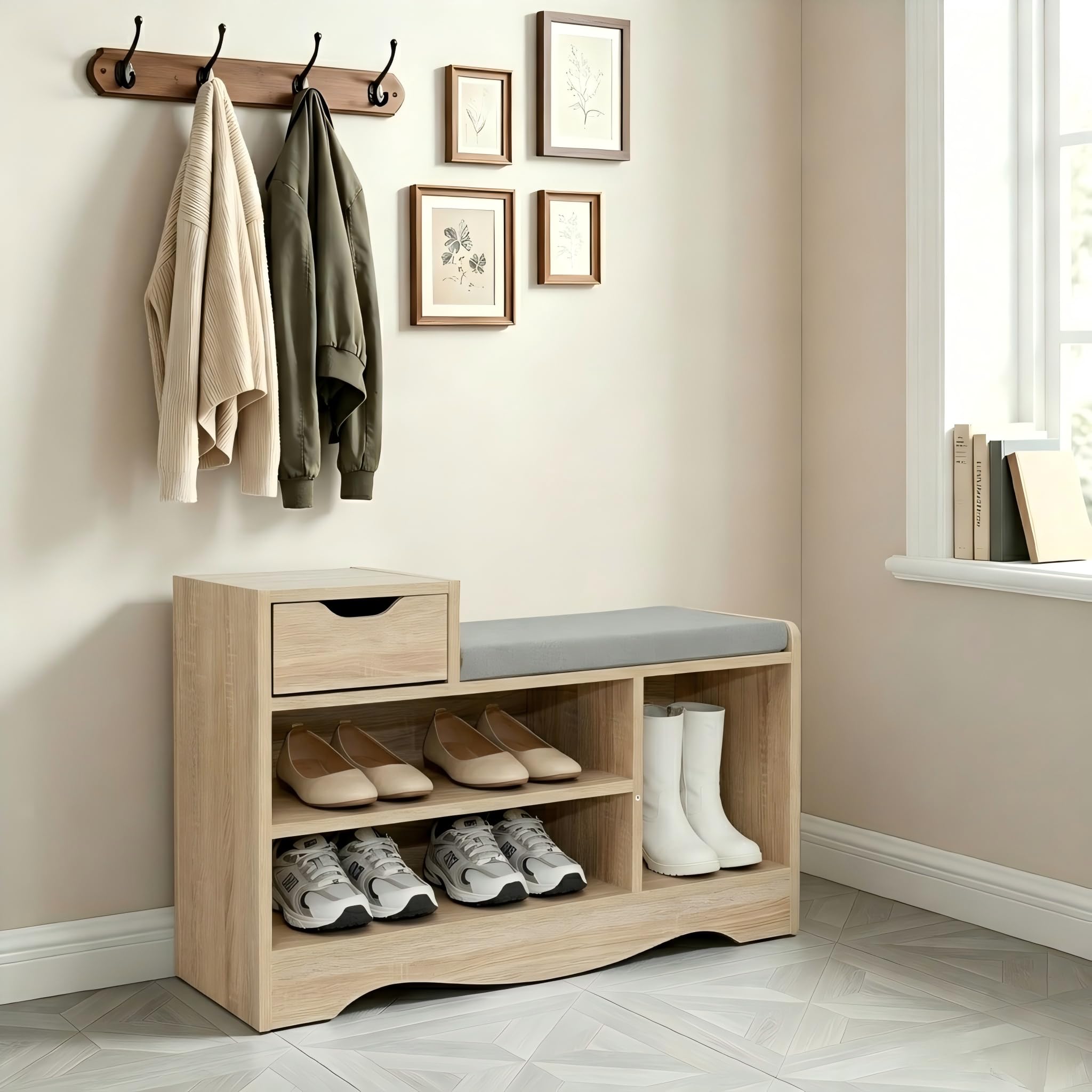 Banc à chaussures avec coussin de siège avec tiroir et banc de rangement, armoire basse, pour meubles de couloir et de salon