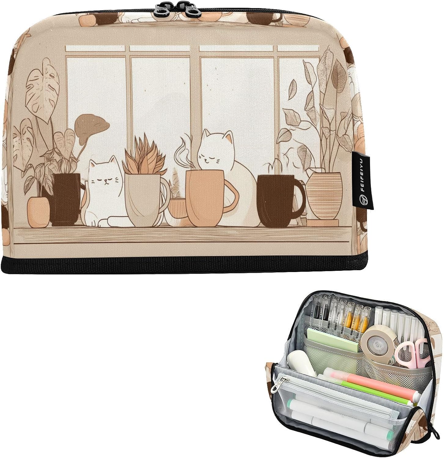 Standing Pencil Case Cats and Plants Pouch Big Capacity Pencil Bag with Zipper for Kids Adult Teens,Stationery Organizer Bag School College Office Desk