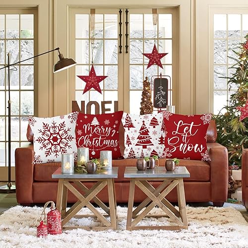 Miniatura 4 de Juego de 4 fundas de almohada rojas de Navidad de 18 x 18 pulgadas, decoraciones navideñas con copos de nieve, fundas de almohada de árbol de