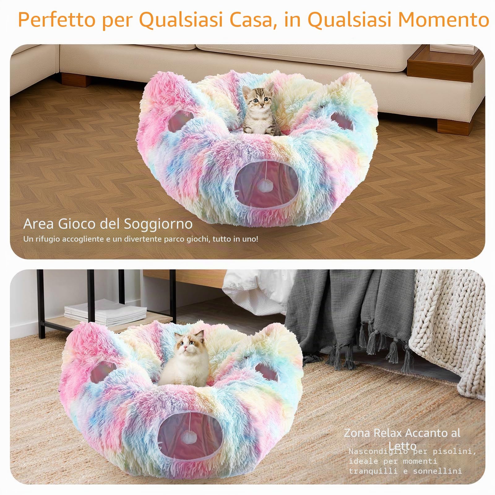 Tunnel per Gatti 3 in 1 Modulare con Letto Morbido Lavabile, Gioco Interattivo con Fori e Palline, Peluche Morbido per Gatti, Conigli e Cani Piccoli, Animali, Colorato