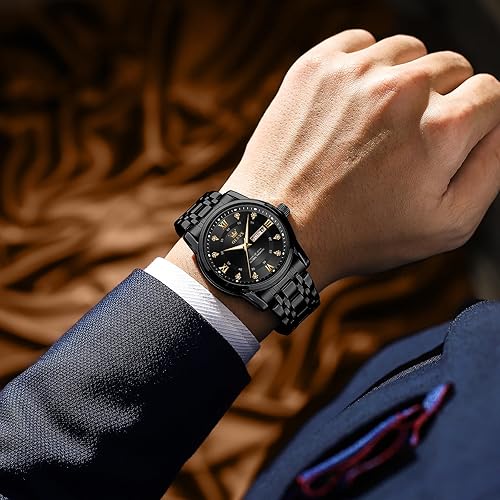 Miniatura 3 de OLEVS Reloj de diamantes para hombre, de lujo, vestido de negocios, reloj de pulsera de cuarzo de acero inoxidable, impermeable, luminoso, fecha de