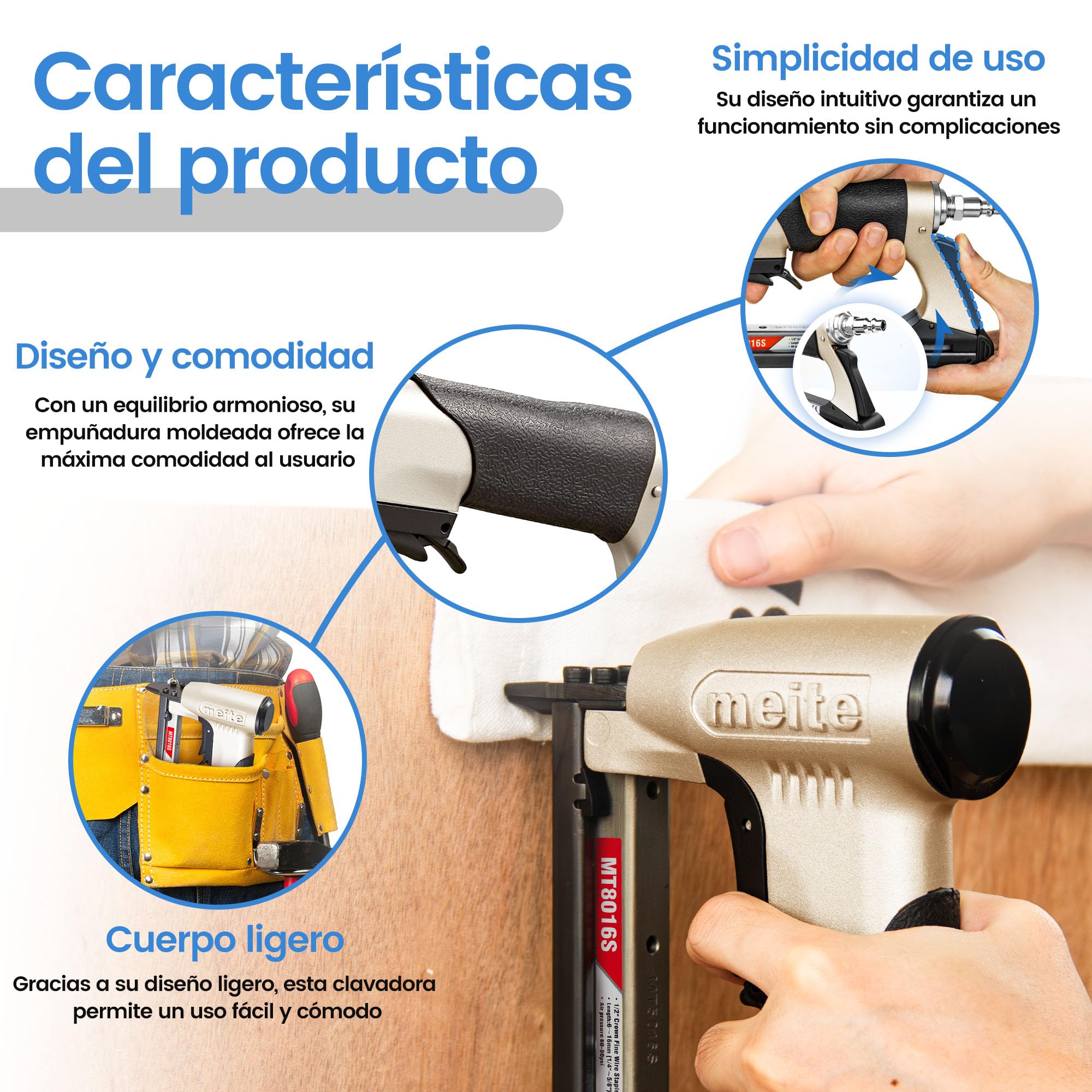 meite Grapadora neumática para tapicería MT8016S con gatillo de seguridad, para grapas calibre 21 de corona de 12 mm, ideal para carpintería, bricolaje y uso profesional, Grapadoras y clavadoras