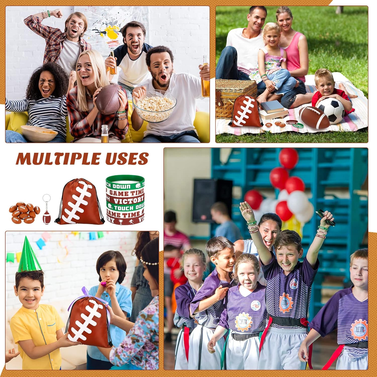 LEIFIDE 48 Pcs Football Party Favors 12 Sets Silicone Bracelet Drawstring Treat Bag Mini Stress Ball Keychains for Football Birthday Party Supplies