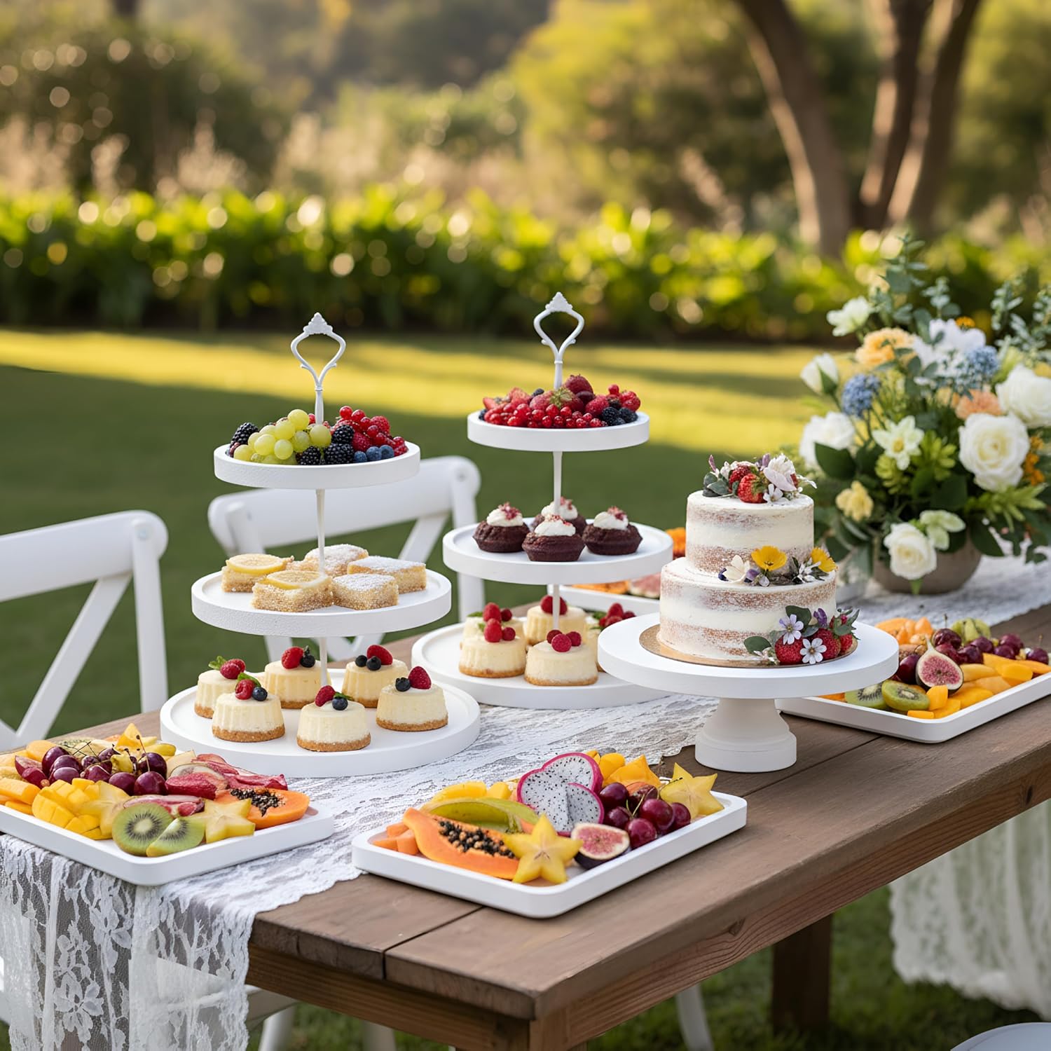 RattanView 7 Pcs Wood Dessert Table Display Set Wooden 3 Tie Cupcake Stands Rustic Round Cake Stand Wood Dessert Serving Trays for Wedding Baby Shower Birthday Tea Party(White)