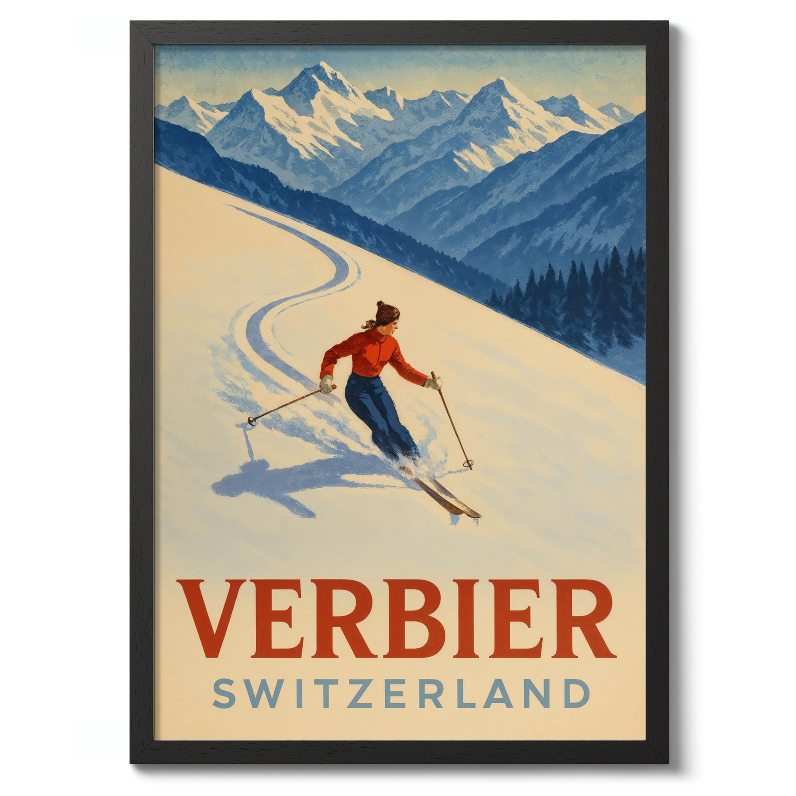 Verbier Switzerland Ski Vintage Skiing Poster, Minimalist Wall Art, Mountain Travel Prints, Snow, Ski Trip Home Decor, A4 (Black Frame) - 32.7x24.1cm