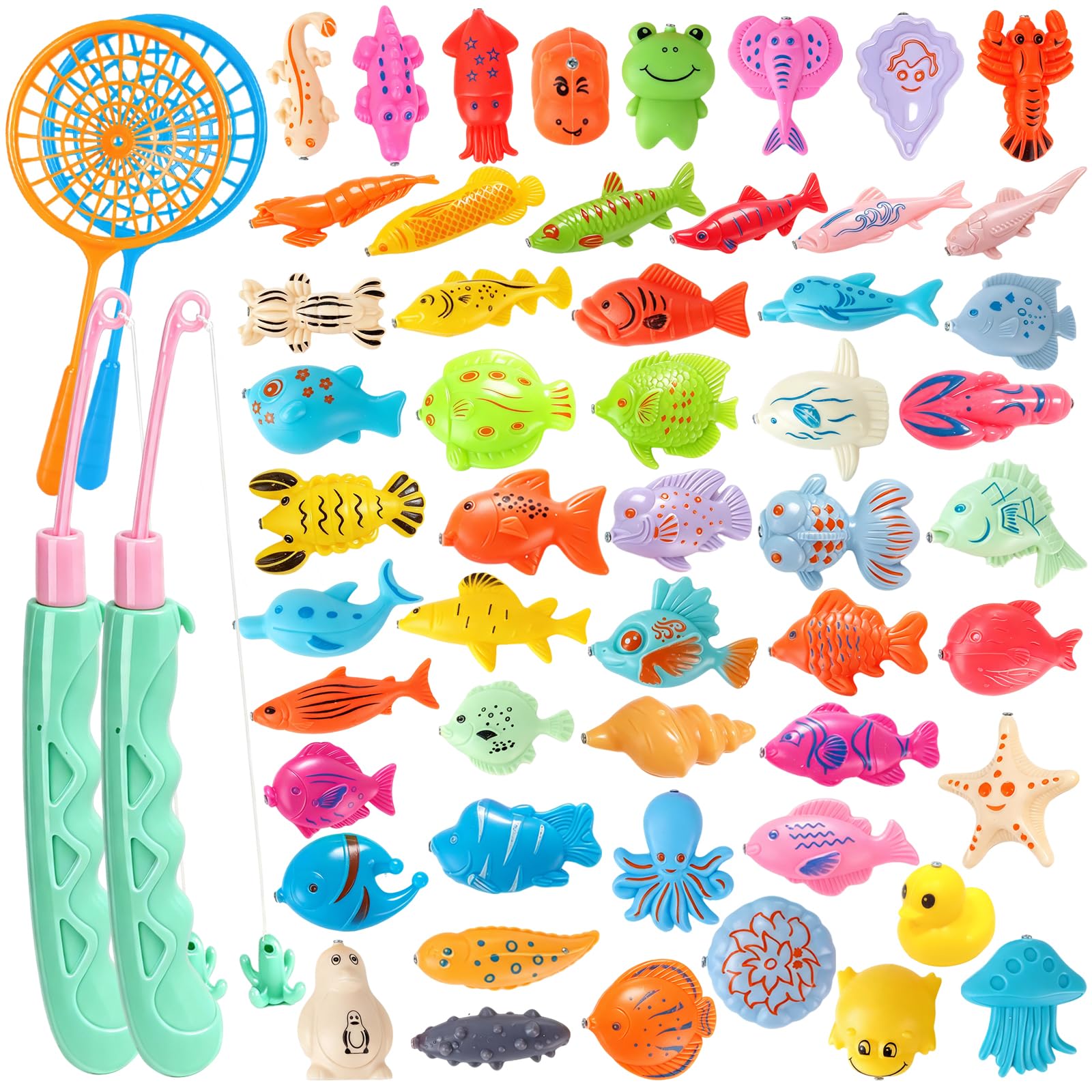 56 Piezas Juego de Pesca Magnético, Educativos Juguetes de Agua Piscina | Juego de Pescar para Niños con Flotantes Plástico Peces+ 2Caña de Pescar para Juguetes de Playa Piscina Jardín Bañera