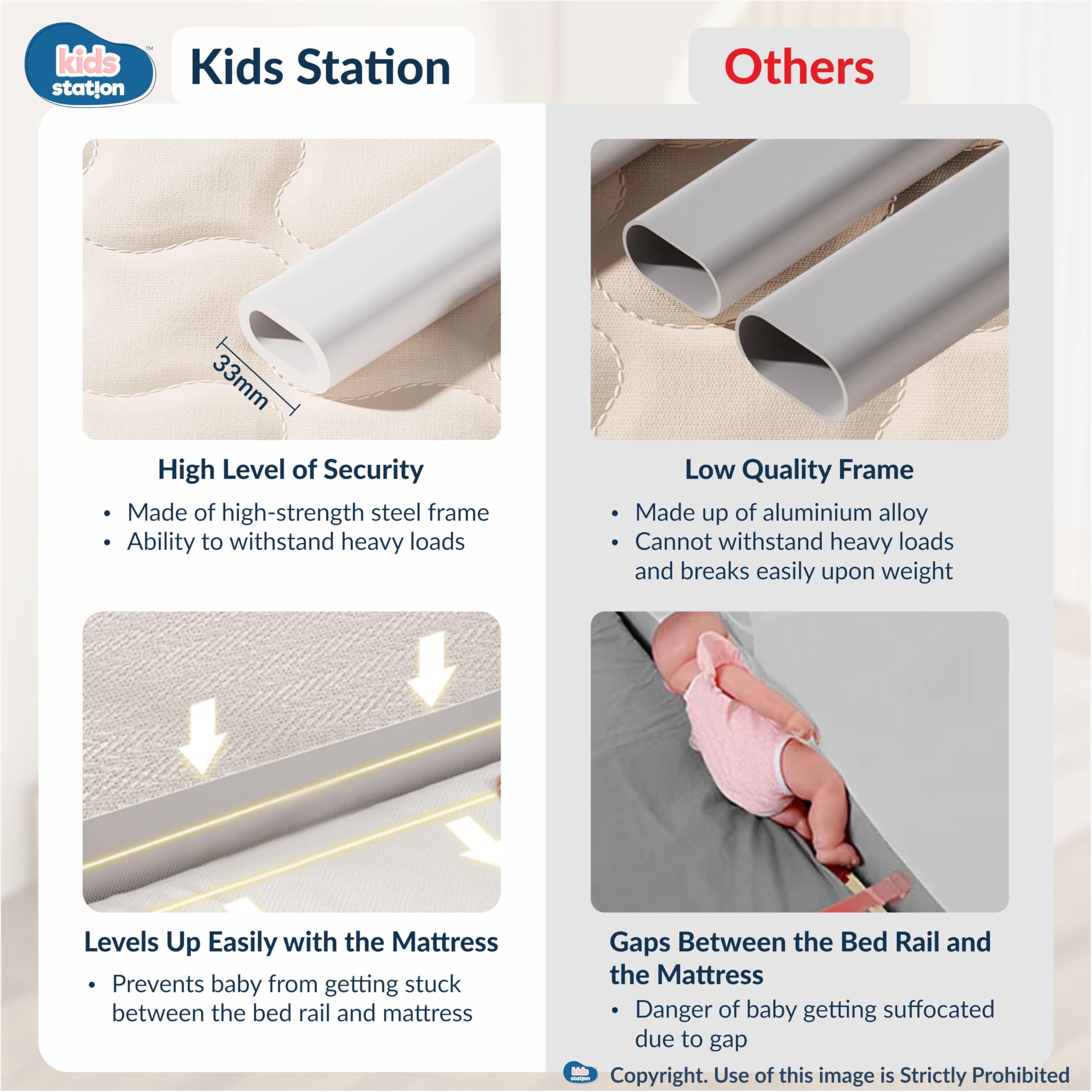 Kids Station Comfy Baby Safety Bed Rail – Foldable & Portable Guard Rail with 28-Level Adjustable Height (80cm) – 6.6ft x 6ft (200x180cm), 2 Side Fence – Made in India (Grey, Basic) - Image 5 thumbnail