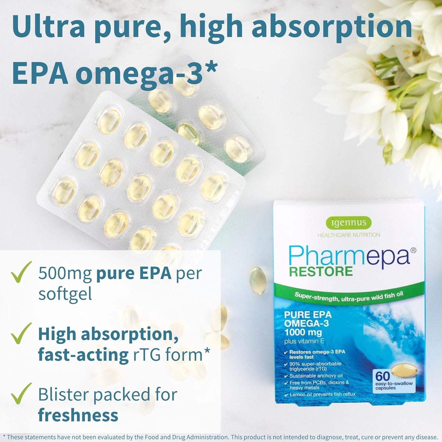 Igennus Pharmepa Restore, Pure EPA 1000mg, Omega 3 rTG Fish Oil, IFOS Certified, High Absorption, 90% Concentration Triple Strength, Wild & Sustainable, Lemon Flavor, 1-Month Supply, 60 Softgels - Image 2