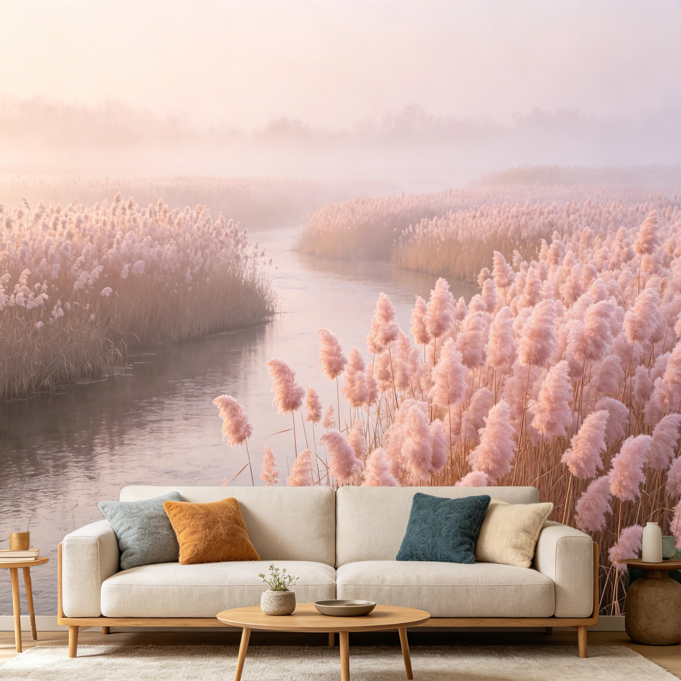 Custom Size Wall Mural Misty River Landscape Botanical Reeds Sunset Nature Scene SelfAdhesive Art Prints wall Fabric（No PVC） Removable Wallpaper Home Bedroom Decor