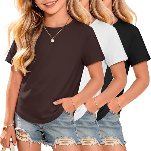LessonZoo 3 Pack Girls Short Sleeve Cute Shirts, 3-Color, 11-12 Years