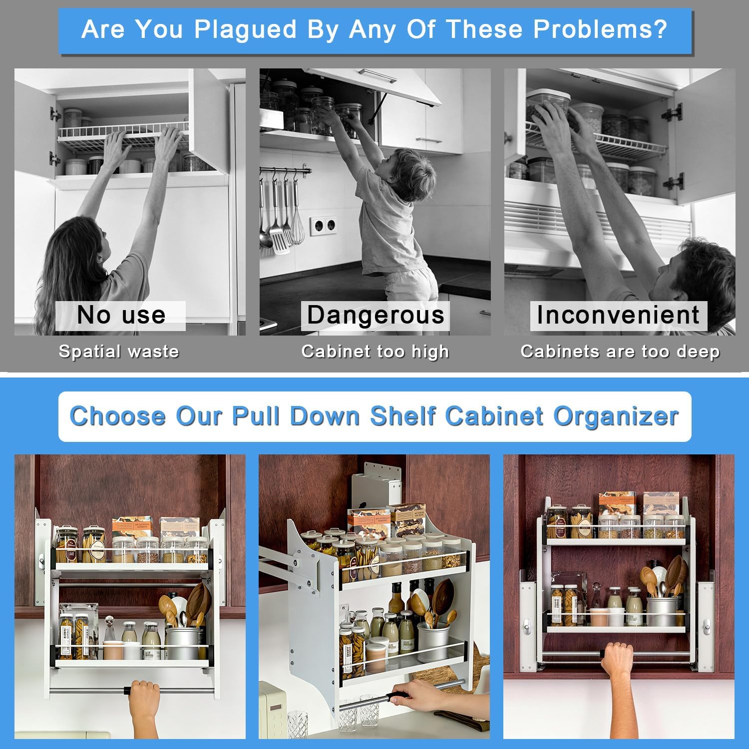 2-Tier Pull-Down Shelf, Heavy Duty Shelf Organizer for Kitchen Upper Cabinet, Wall Mounted Drop Down Sliding Shelves Lift for Kitchen, Bars (Fits 26-28 Inch Wide Cabinets, Black)