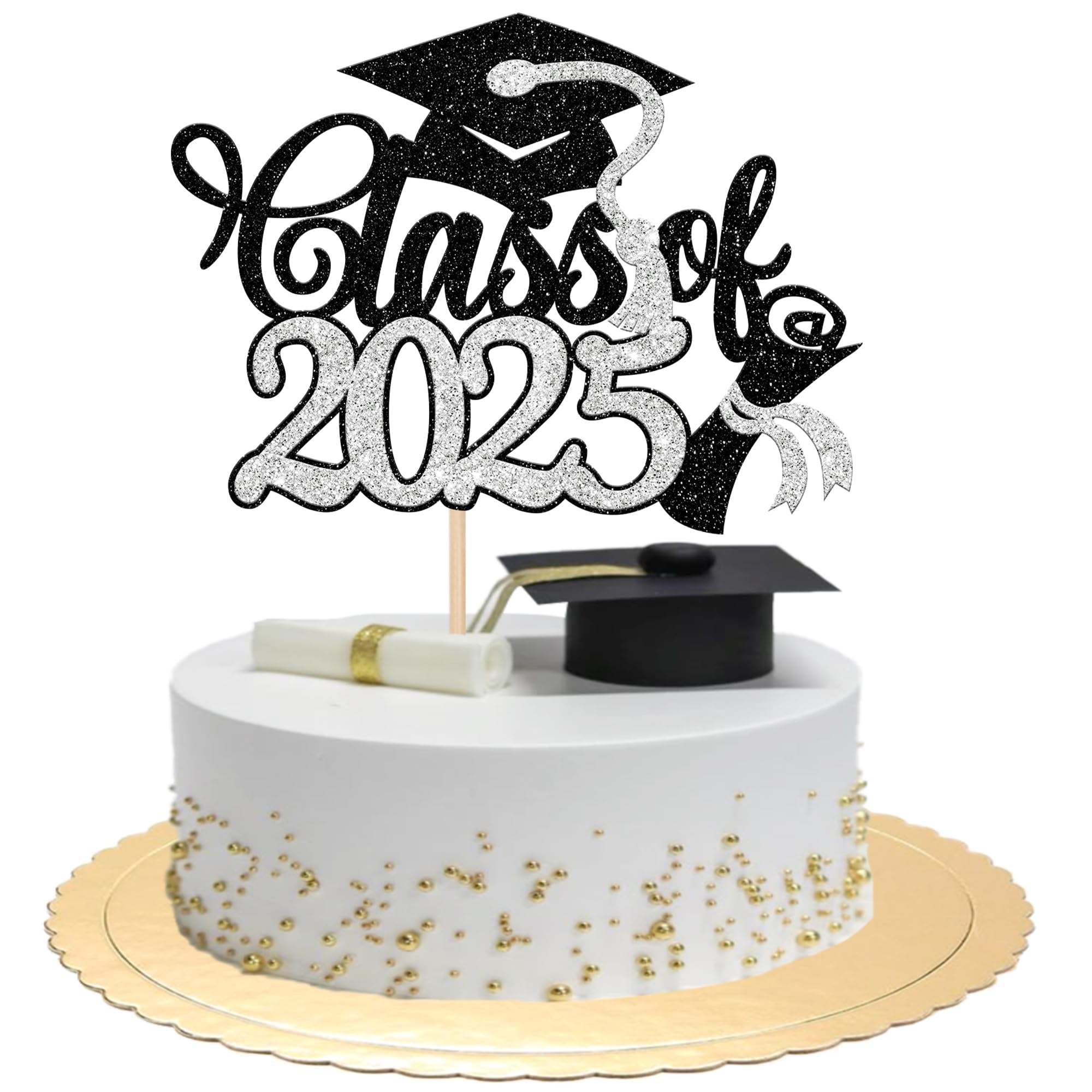 Rsstarxi 1 Pack Congrats Grad 2025 Graduation Cake Topper Class of 2025 Cake Decoration Glitter Graduation Cap Diploma Cake Pick for High School