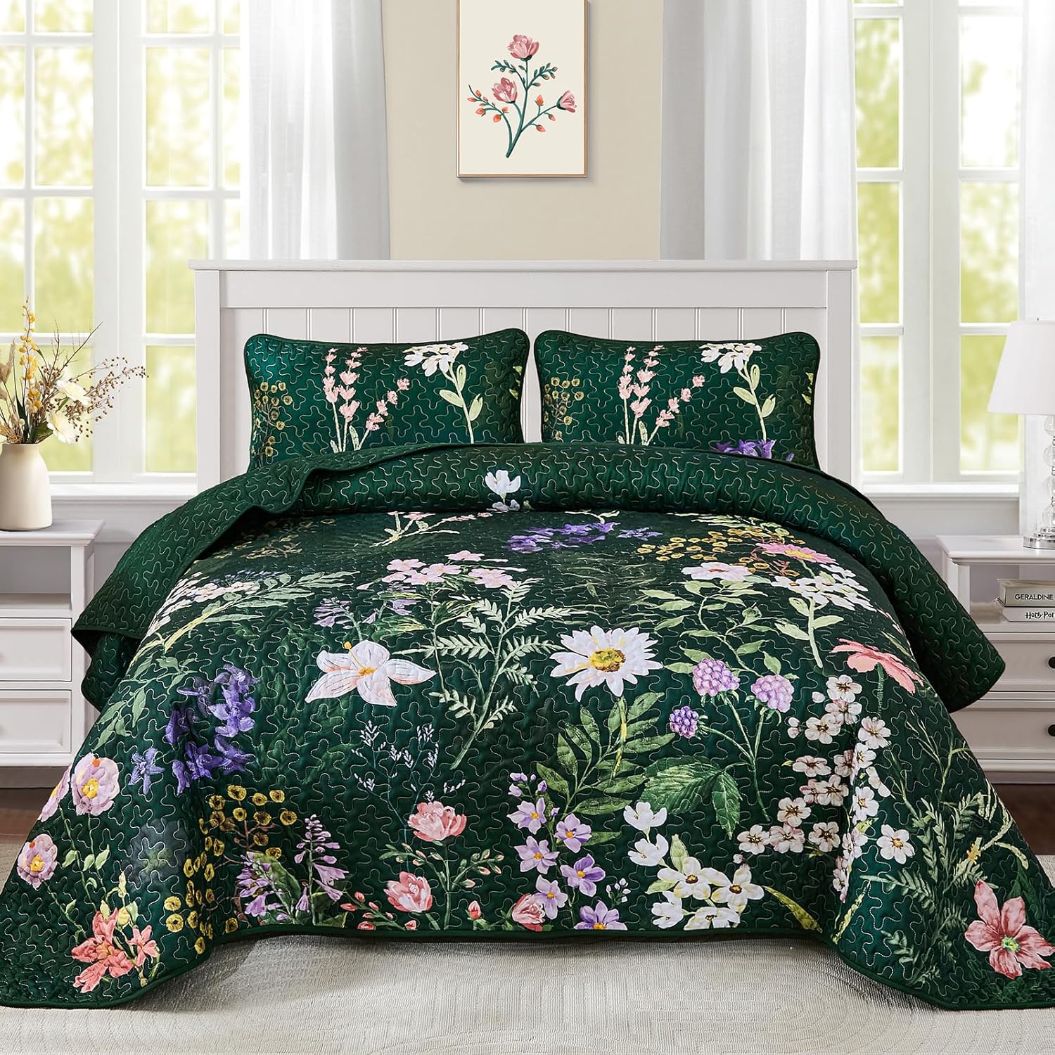 Yiran Floral Quilt Set Queen Size, Green Botanical Bedspreads Bedding Set, 3 Pieces Summer Soft Lightweight Microfiber Coverlet with 2 Pillow Shams for All Season 96x90 Inch