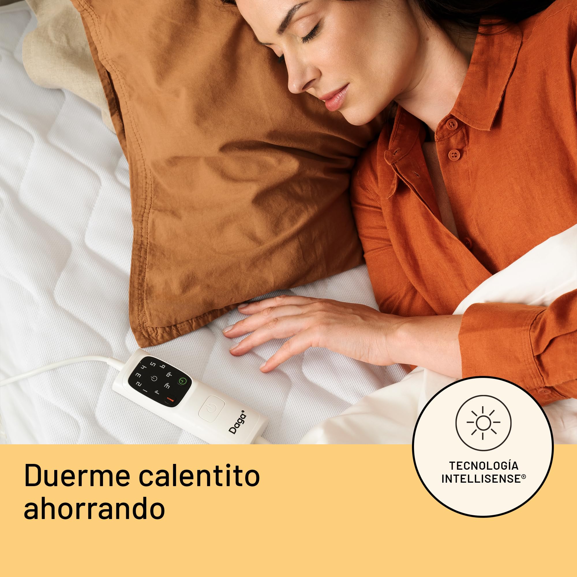 Cubrecolchón Térmico Individual Daga Intellisense 195×90 cm, antialérgico OEKO-TEX, esquinas elásticas, 6 niveles de temperatura, temporizador 1/3/9 h, Electro Block, lavable 30°C, mando extraíble