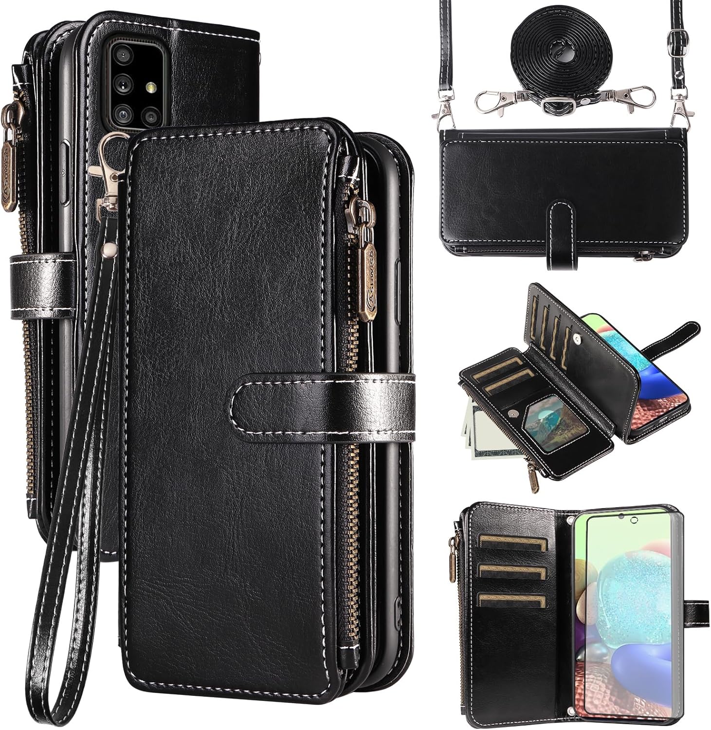 Asuwish Phone Case for Samsung Galaxy A71 5G Cover with Tempered Glass Screen Protector and Lanyard Zipper Wallet Card Holder Slot Stand Mobile Flip Cell Accessories A 71 G5 71A S71 Women Men Black