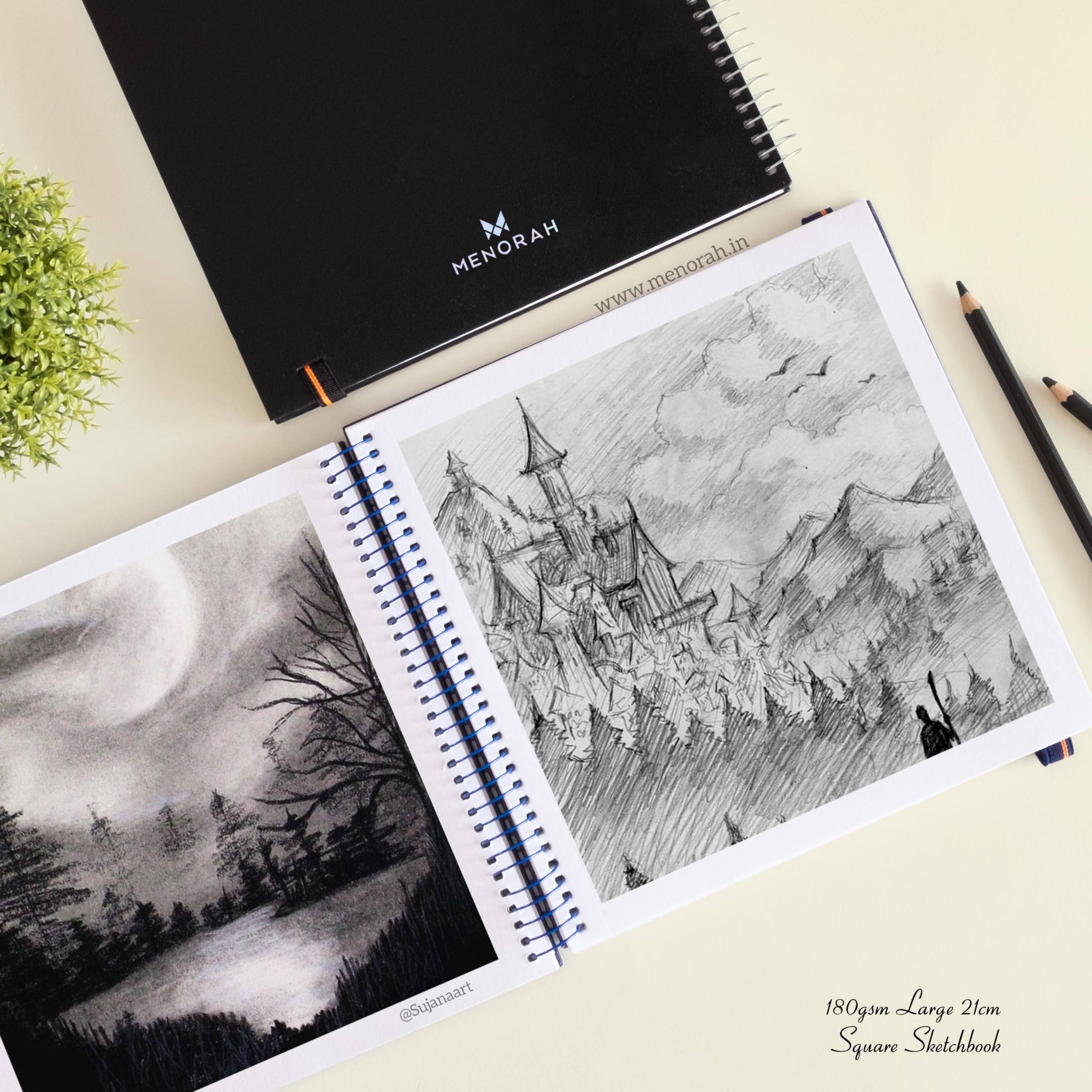 MENORAH Paper - Artist Sketchbook - Square -180Gsm - Drawing Sketch Book - 100 Pages/50 Sheets - Hard Metal Spiral Bound Drawing Book - Classic Black - Size (21.0 X 21.0 Cm) Big- Art Book, Oil Paint