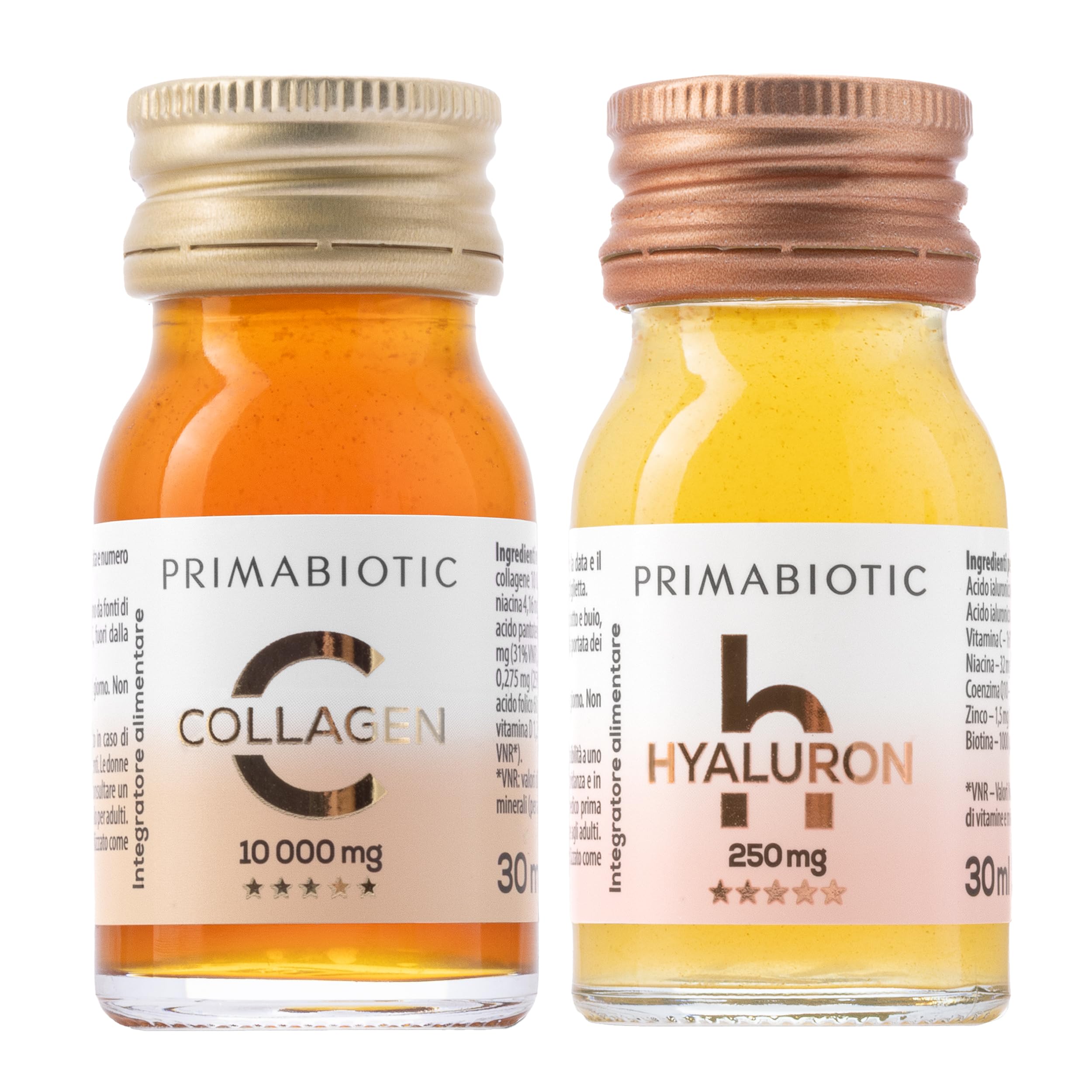Collagene + Acido Ialuronico da Bere – Primabiotic Duo Pack | 60 Flaconcini da 30 ml | Collagen 10000 mg + Hyaluron 250 mg | Integratori Liquidi per Pelle Idratata e Luminosa