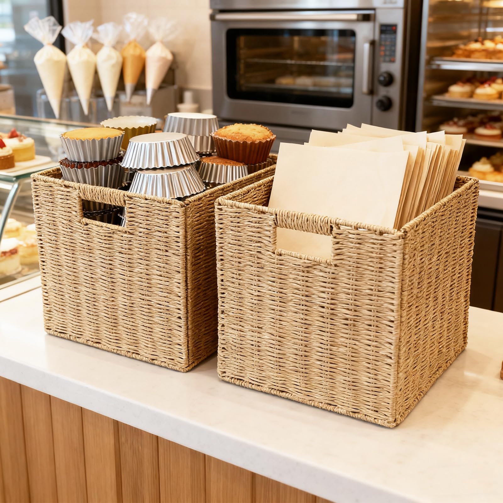 Cestini Portaoggetti, 2 Pezzi Cestini Da Cucina Intrecciati Con Manici Organizer Pieghevole In Giunco ​​Marino Multifunzionali Per Cucina Bagno Camera Da Letto - 28 * 28 * 28cm