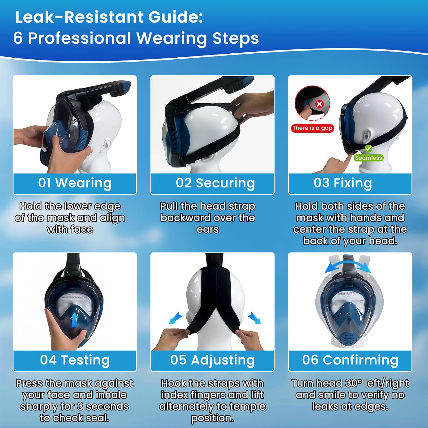 Full Face Snorkel Mask, Snorkeling Gear for Adults, Scuba Mask Diving Dry Top Snorkel Gear with Detachable Camera Mount, 180° Panoramic View Anti-Leak Anti-Fog Travel Package - Image 6