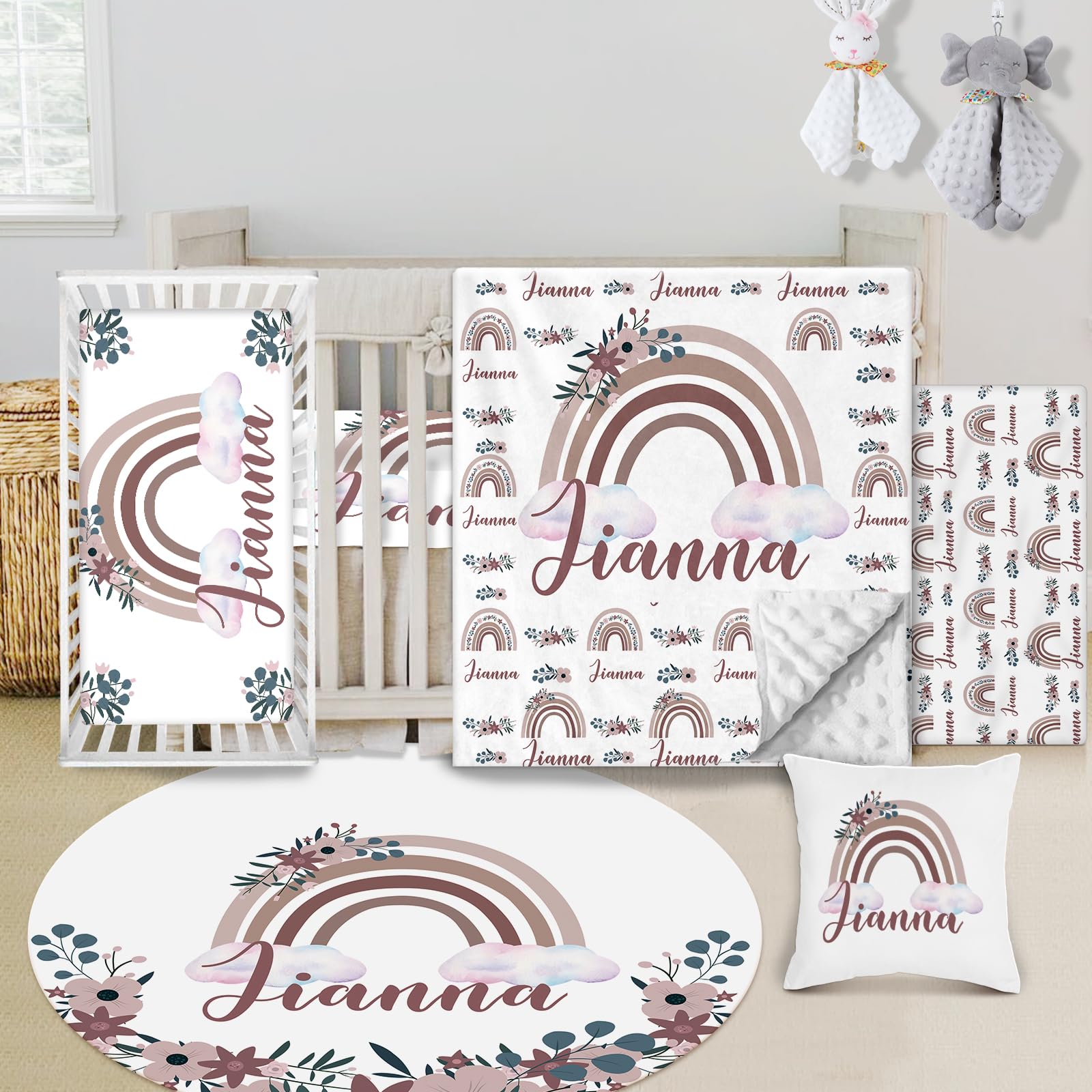 Individuelles Babybett-Bettwäsche-Set, 5-teilig, Regenbogen-Designs, personalisierte Namensdecke mit gepunkteter Rückseite, Kinderbettlaken, Wickelunterlage, Kissenbezug, Teppich für Neugeborene, Rot