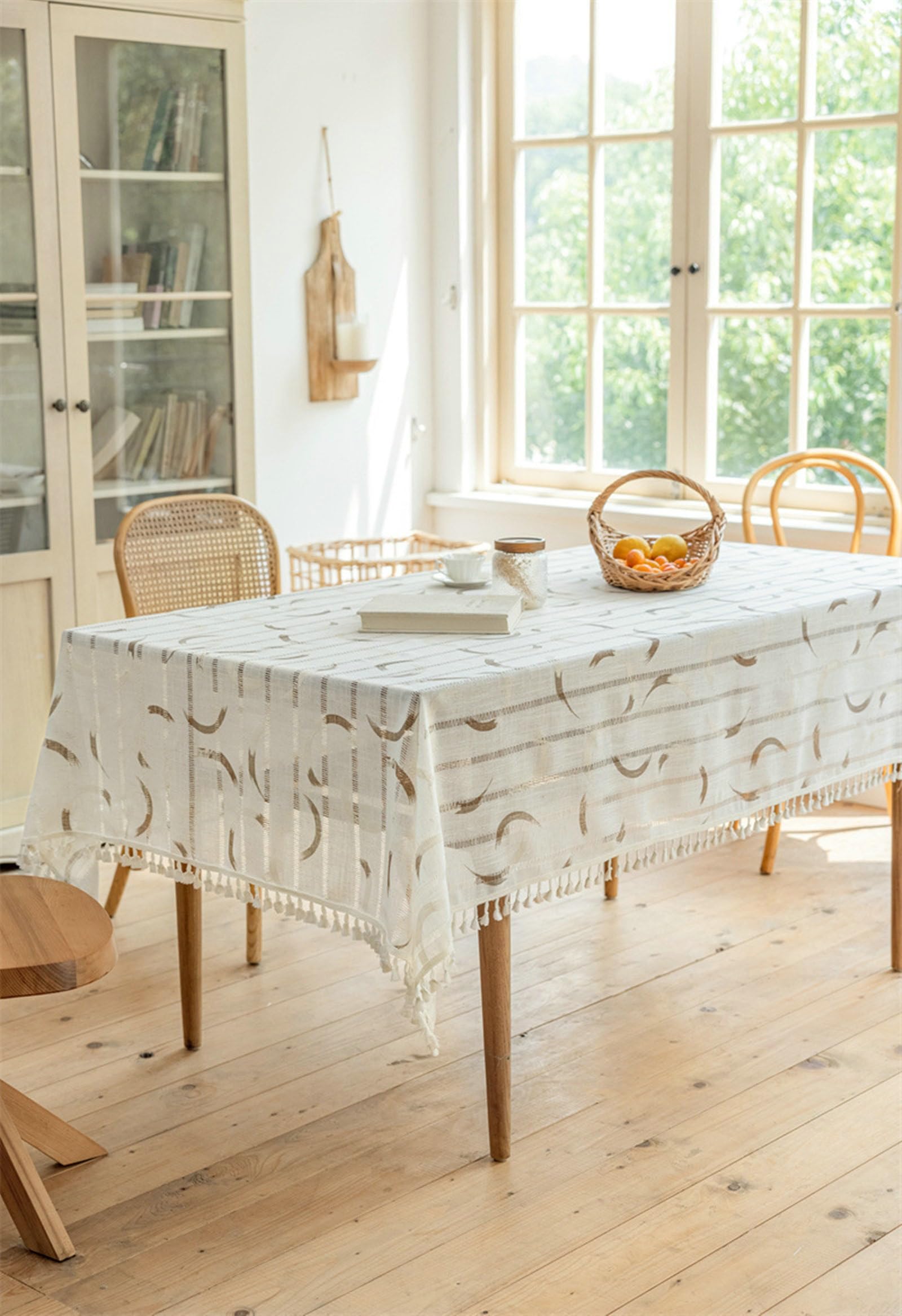 Mantel Mesa Cocina, 140 x 220 cm, Marrón, Rectangular, Mantel Poliéster Rayas Jacquard con Borlas