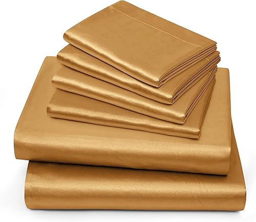 Miniatura 4 de Juego de sábanas de satén de seda 100% pura, 6 piezas, sábana bajera de seda de 20 pulgadas, sábana encimera de seda con bolsillo profundo y fundas
