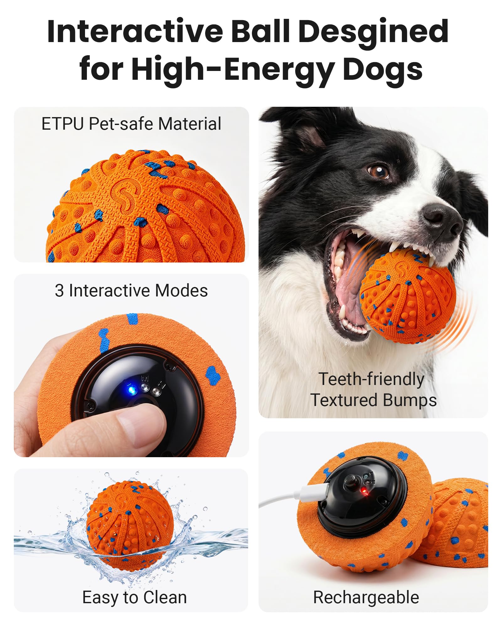 Juguetes interactivos para perros con protuberancias amigables con los dientes, 3 modos, material ETPU | Bolas interactivas automáticas recargables para perros medianos y grandes para mantenerlos ocupados