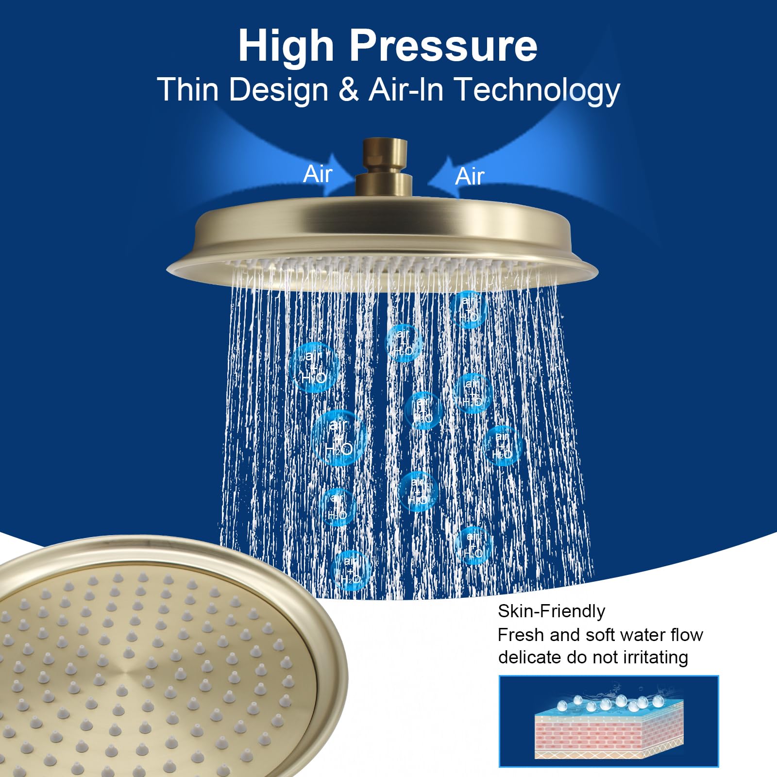 Soffione Doccia a Pioggia in Metallo Solido 304 in Acciaio Inox Perfetto per Sostituzione, Tradizionale Grande Fisso da 22,9 cm Soffione Doccia Spazzolato Oro - GETSHOWERSET