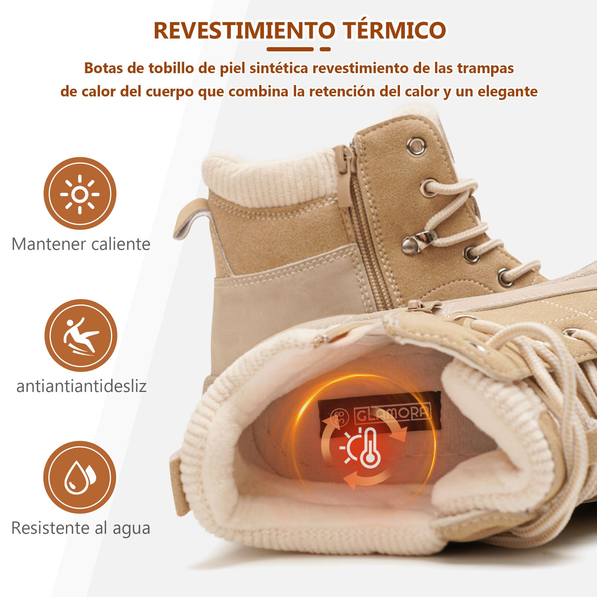GLAMORA Botines de Invierno para Mujer, Botas de Nieve con Pelo, Suela de Goma Antideslizante, Cordones, Cremallera Lateral y Acabado Resistente al Agua