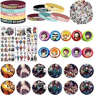 Demon Slayer Party Supplies Anime Merch Includes 10 Anime Wristband 10 Stamper 12 Anime Button Pin 50Pcs Anime Stickers 6 Sheet of Anime Tattoo Stickers