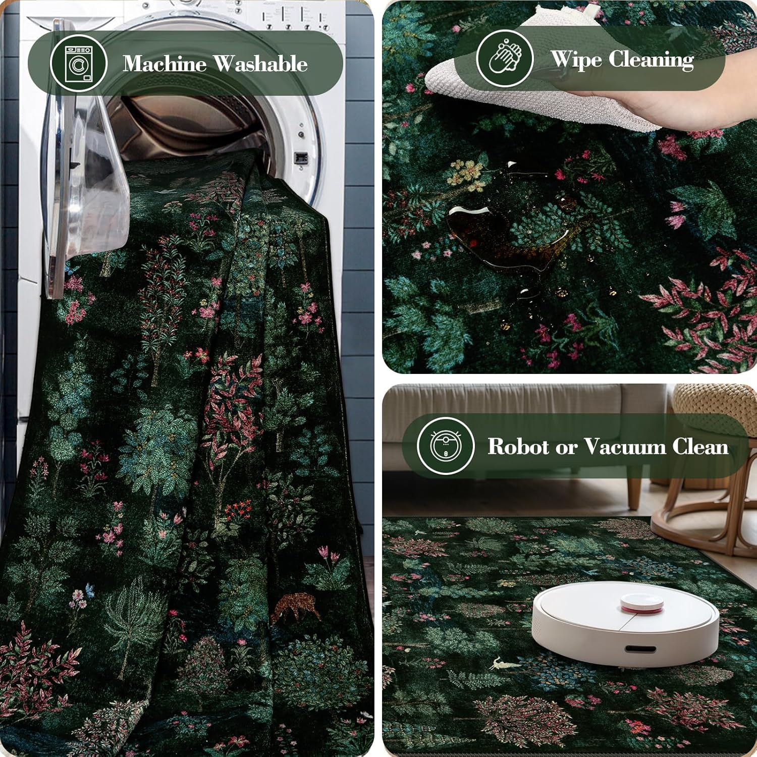 Wonnitar Washable Hallway Runner Rug, 2'6"x8' Dark Green Kitchen Runner Rugs, 8ft Non Slip Stain Resistant Forest Woodland Print Decor Carpet for Entryway Bedroom Laundry Bathroom