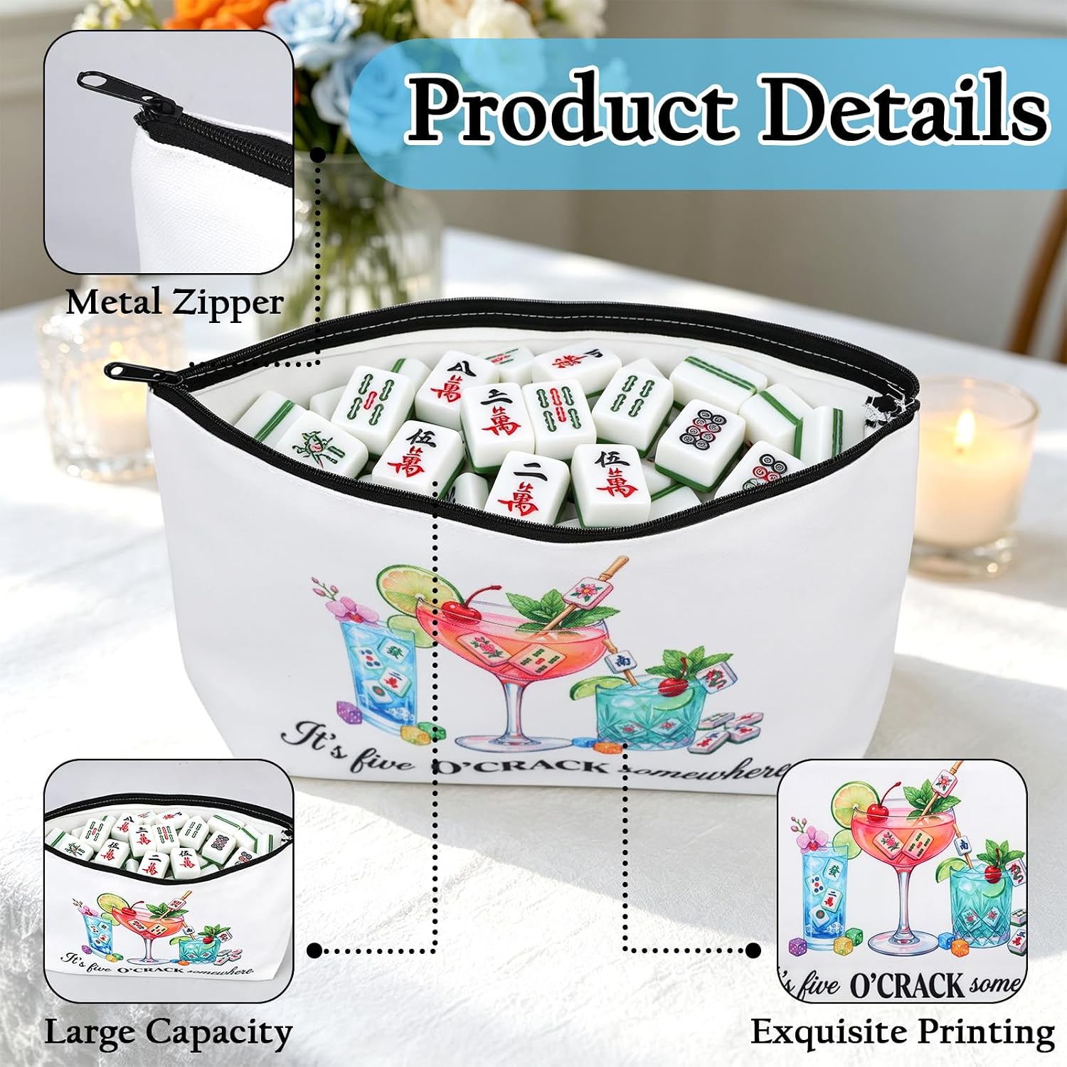 Mahjong Tiles Bag with Zipper - Cocktail Mahjong Print 13x7.5In image 5