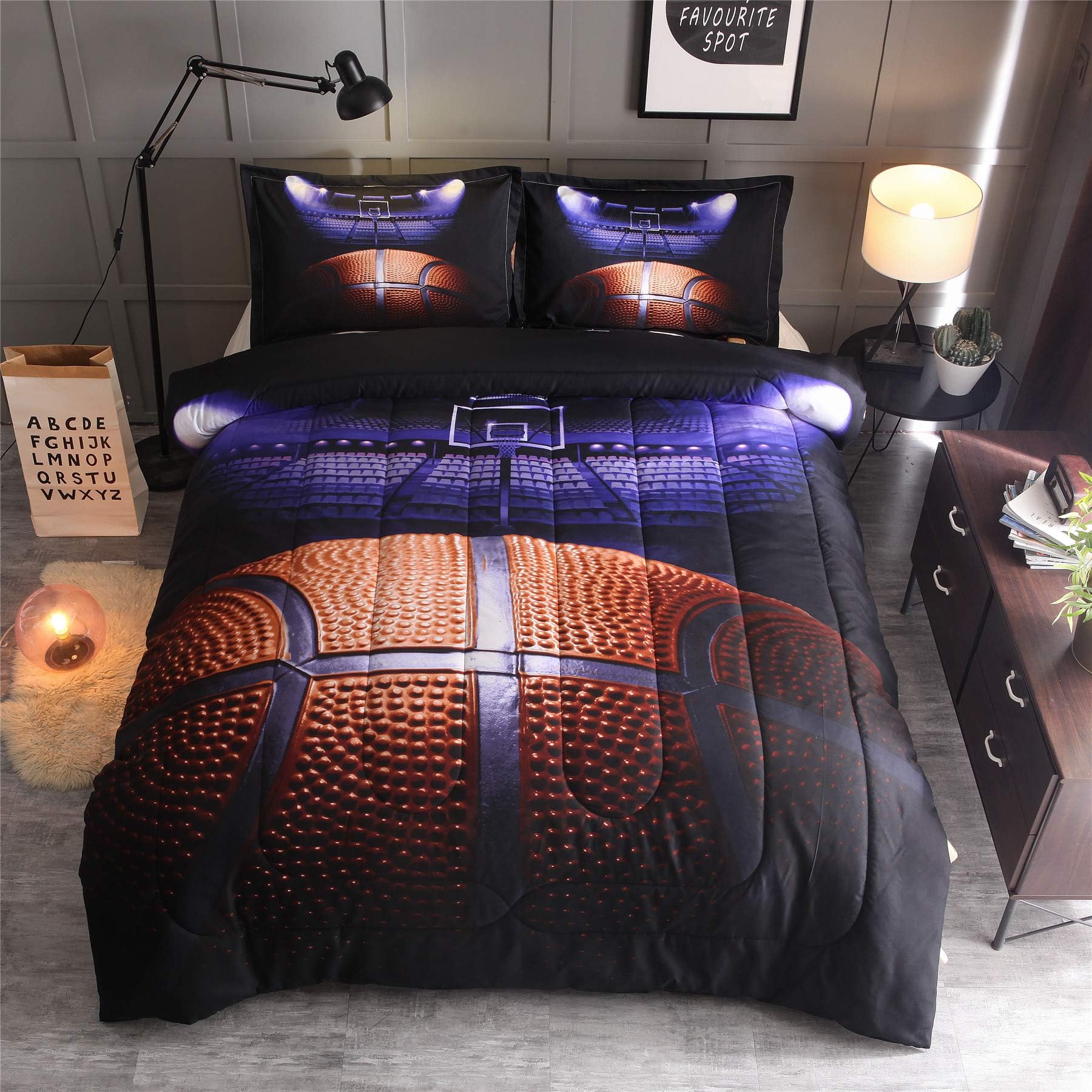 A Nice Night Basketball Court Printing Comforter Quilt Bedding Set Full Size for Teen Boys (Basketball Court)