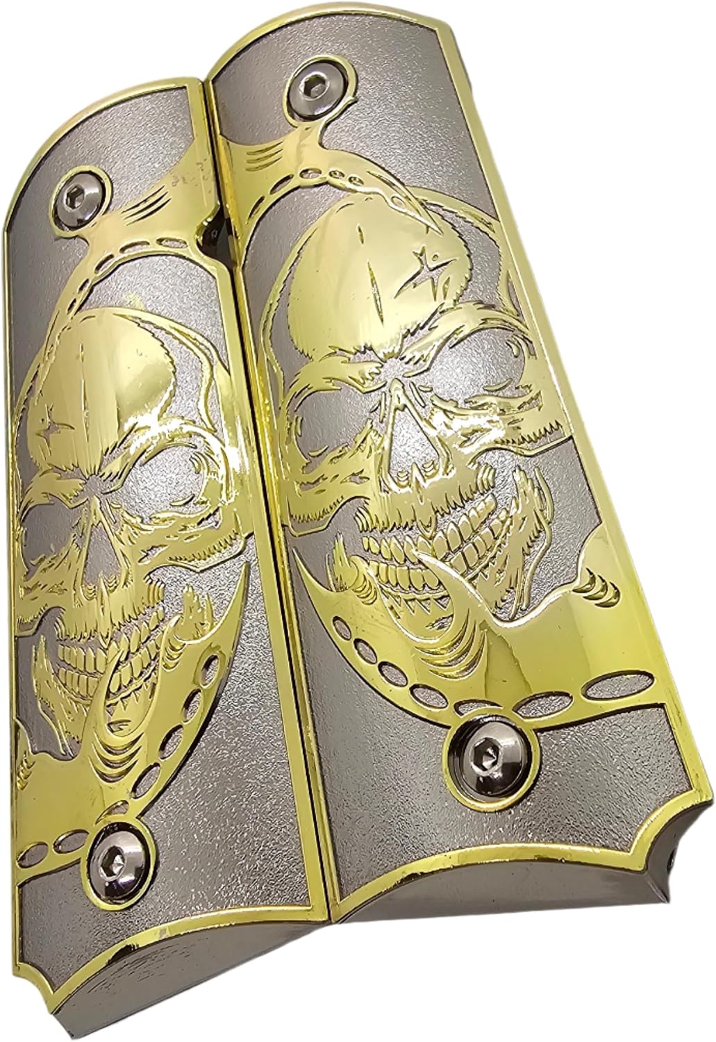 1911 Full Size Metal Grips Gold & Nickel Plated Skull Design, Ambi Safety Cut Compatible with Colt 1911 & Clones Includes Screws