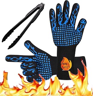 BBQ Gloves Extremely Heat Resistant, Barbecue Grilling Gloves High up to 800 ℃/1472 ℉, Heat Resistant Gloves with Fingers, BBQ Insulated Gloves with EN407 for Grilling, Cooking, Baking (2Pcs)