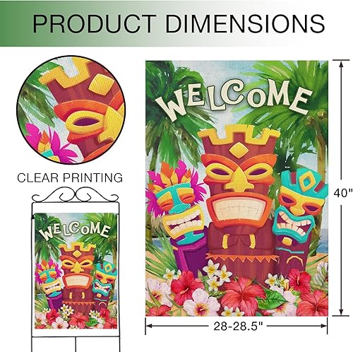 Miniatura 2 de Hzppyz Welcome Summer Tiki - Bandera tropical de Hawaii para casa, hibisco frangipani, flores Aloha, decoración decorativa para jardín, patio,