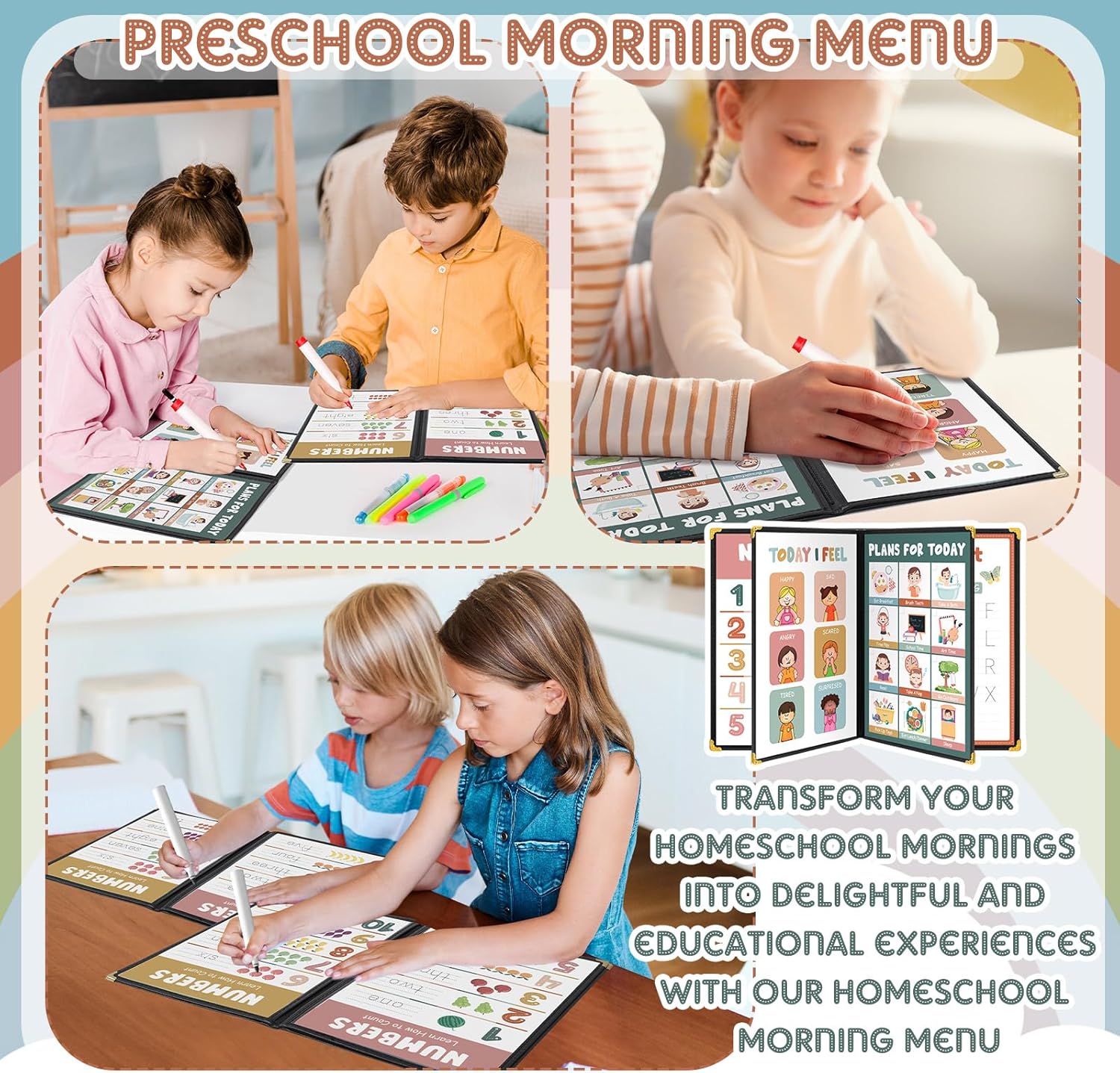 Fuyoooo Homeschool Morning Menu Kit for Preschool Learning – 16 Educational Posters & 2 Menu Covers for Toddlers and Kids, Daily Learning Activities for Homeschool Classroom(Morandi Color)