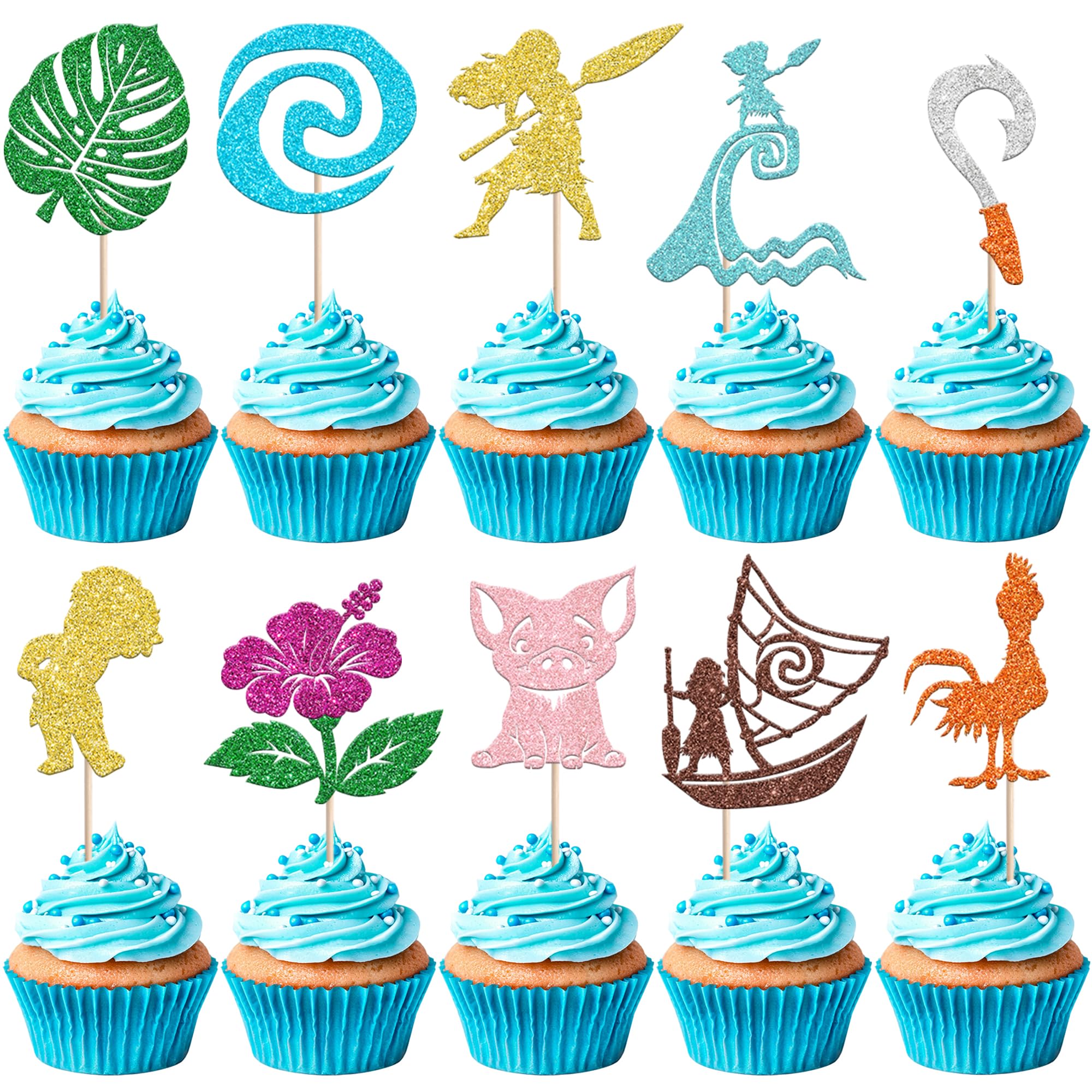 Xsstarmi 30 Pack Moana Inspired Cupcake Toppers Glitter Tropical Hawaiian Flower Palm leaf Cupcake Picks for Summer Tropical Baby Shower Moana Birthday Party Cake Decorations Supplies
