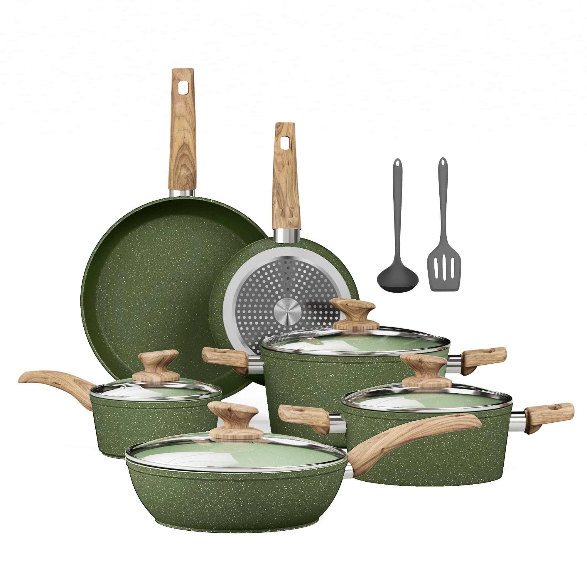 Kitchen Academy Juego de utensilios de cocina antiadherentes de granito, 12 piezas, compatible con inducción, juego de sartenes verdes con sartén y cacerola, sin PFOA