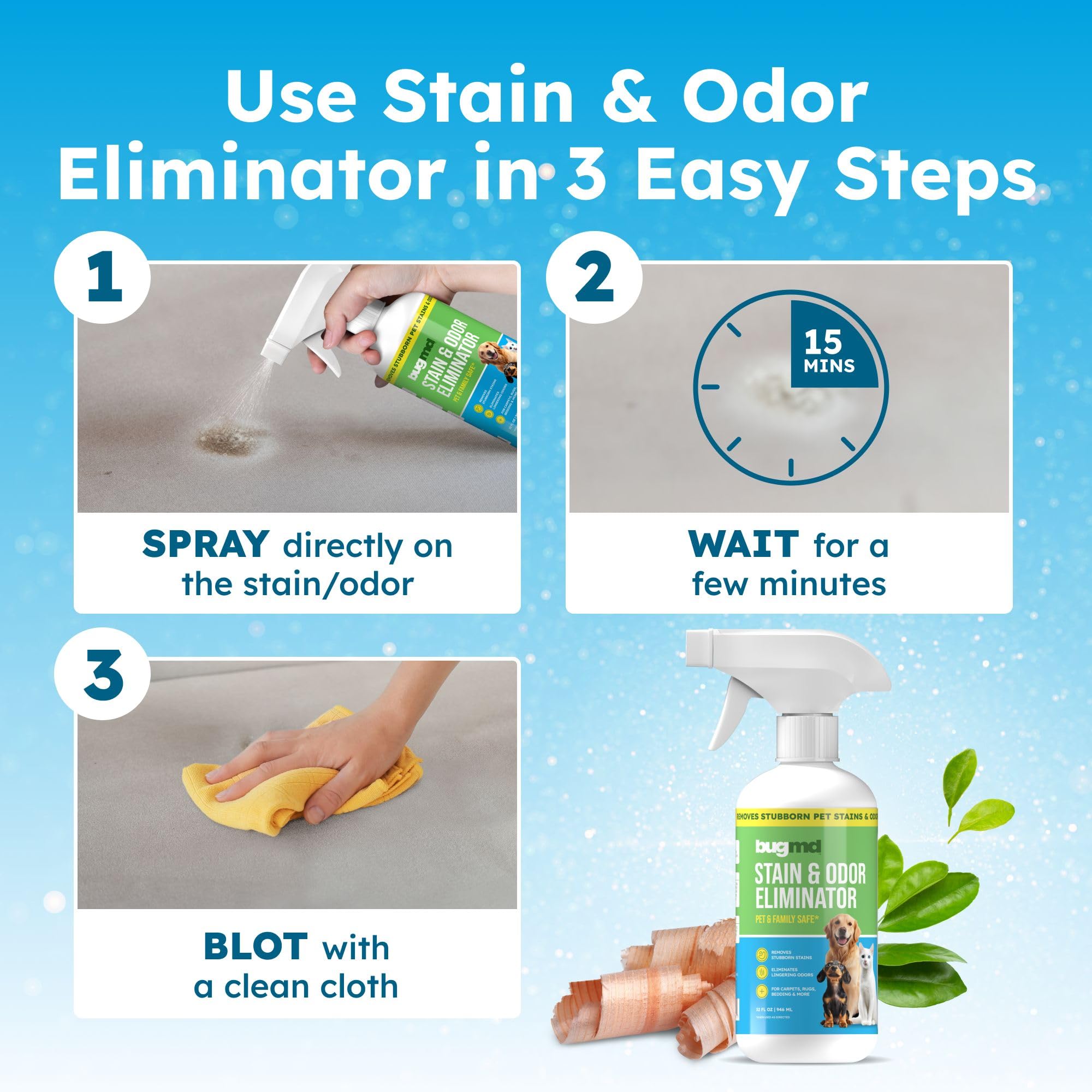 BugMD Removedor de manchas y eliminador de olores para mascotas para olores fuertes (32 onzas) en aerosol, limpiador enzimático para orina de perro, desodorante de arena de gatos, alfombras, muebles,