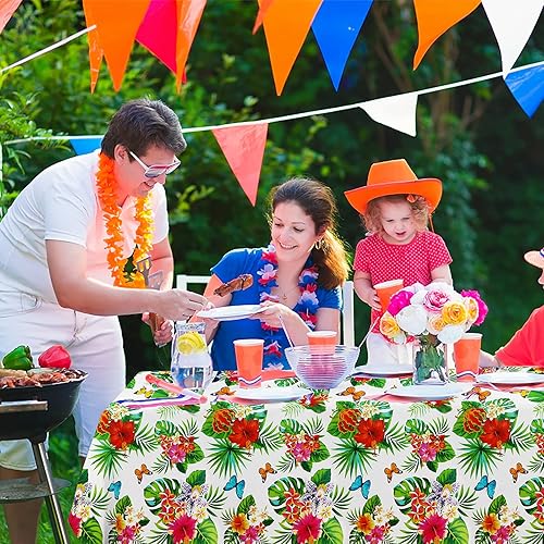 Miniatura 6 de Paquete de 3 manteles hawaianos Luau para decoración de fiestas, manteles rectangulares de plástico desechables Hawaii, mantel de hojas de palma