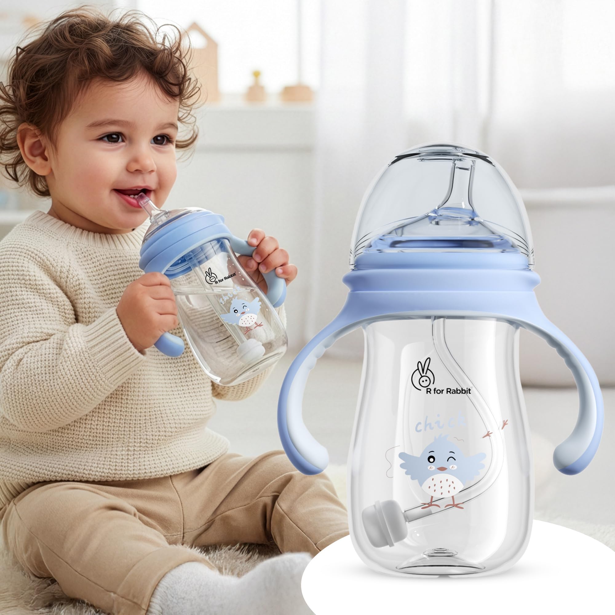 - R for Rabbit Tritan Tweet 240 ml Spout Cup for Kids | Twin Handle Non Toxic BPA Free Soft Silicone Spout Sipper Bottle | Leak Proof Drinking Sippy Cup for 1 + Year Kids Boy & Girl (Blue)