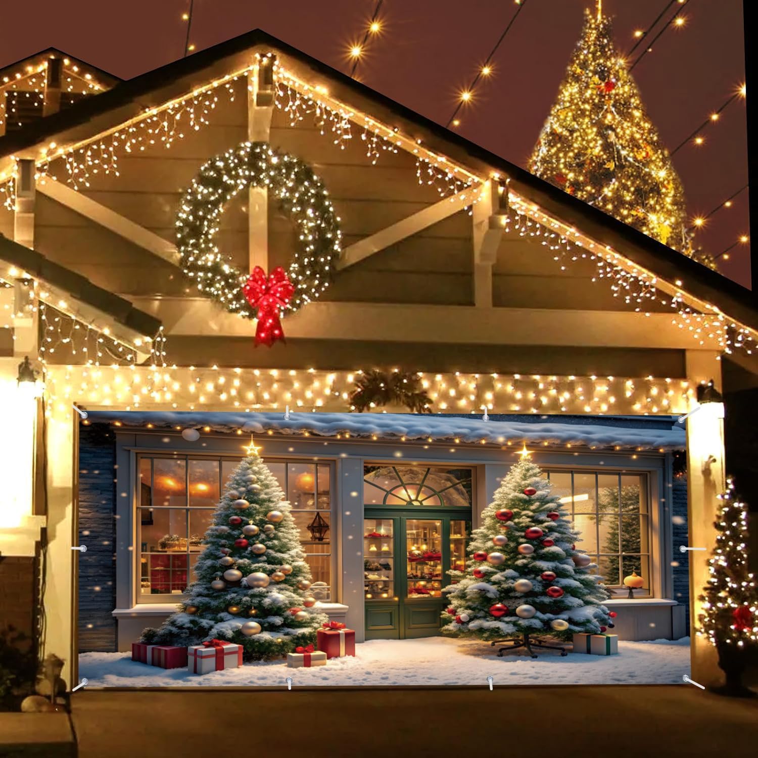 Christmas Garage Door Decorations Cover Banner Backdrop,Winter Holiday Garage Door Banner Cover,Christmas Shop Window Xmas Tree Merry Christmas Backdrop for Xmas Eve Outdoor Holiday Decorations 7x16ft