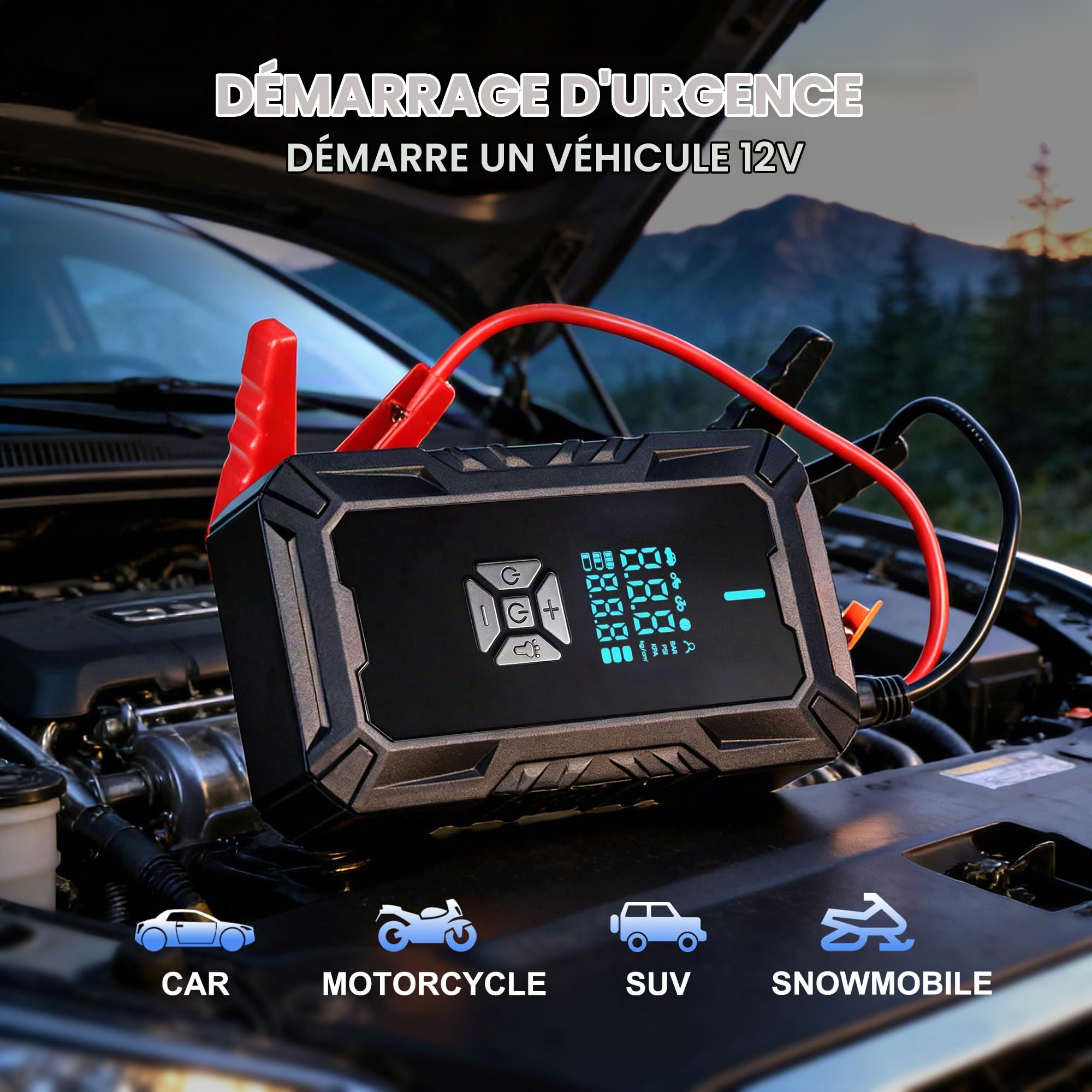 Démarreur de Batterie Auto Portable avec compresseur, Compatible véhicules Essence et Diesel 1,5L à 8L (Batteries 12V), gonflage Rapide des pneus, Aide au démarrage Durable – idéal Cadeau Homme