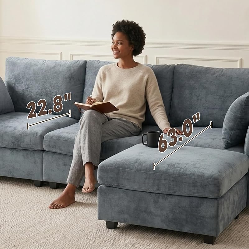 Iroomy Sectional Couch for Living Room, Comfy L Shaped Convertible Sofa, 4 Seater Modern Chenille Sofa with Ottoman, Grey image 5