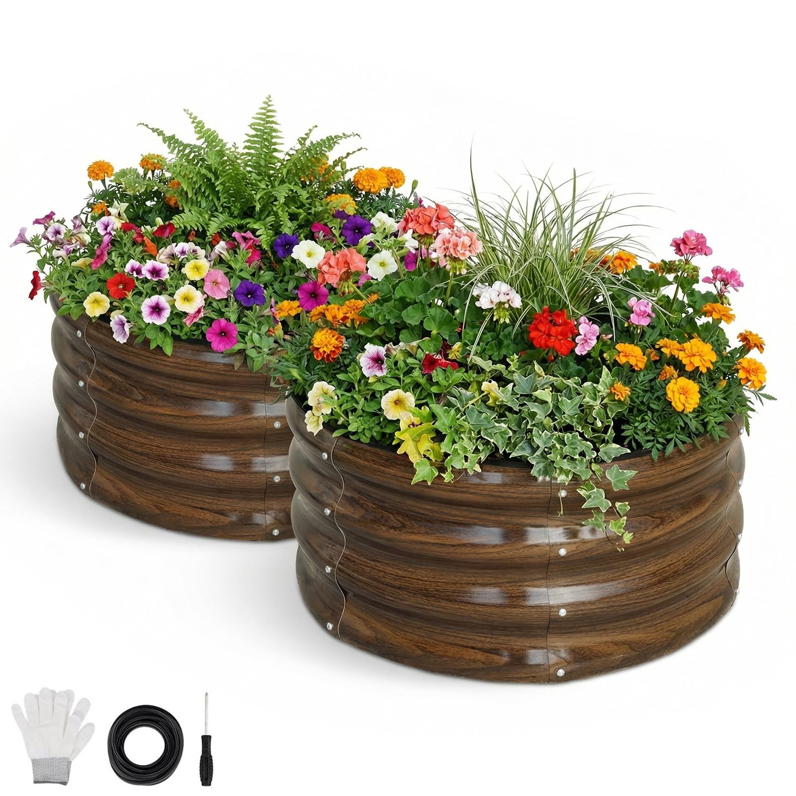 SnugNiture Raised Garden Bed, 2Pcs 2x2x1FT60*60 * 30CM Round Metal Planter Outdoor for Growing Vegetables, Flowers and Herbs, Wood Grain,brown