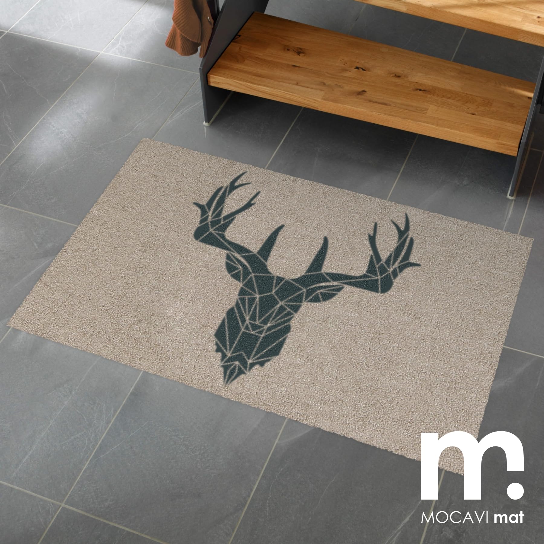 MOCAVI Mat Fußmatte Hirsch waschbar außen & innen beige 45x70cm Sauberlaufmatte Fußabtreter Motiv Country modern hochwertig