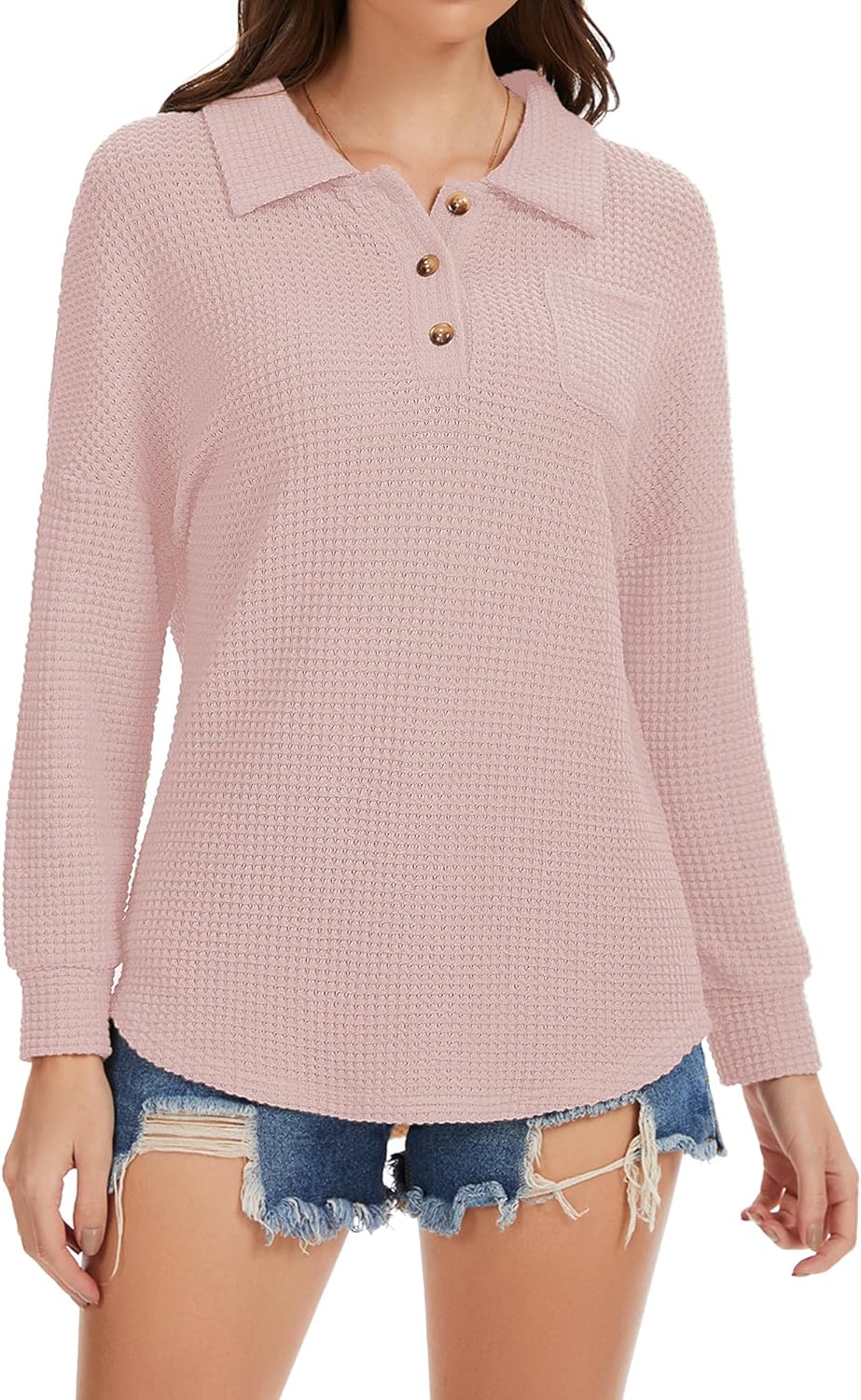 Womens Tops Waffle Knit V-Neck Long Sleeve T-shirts Button Down with Pockets Tunic Fashion Clothing - Image 4